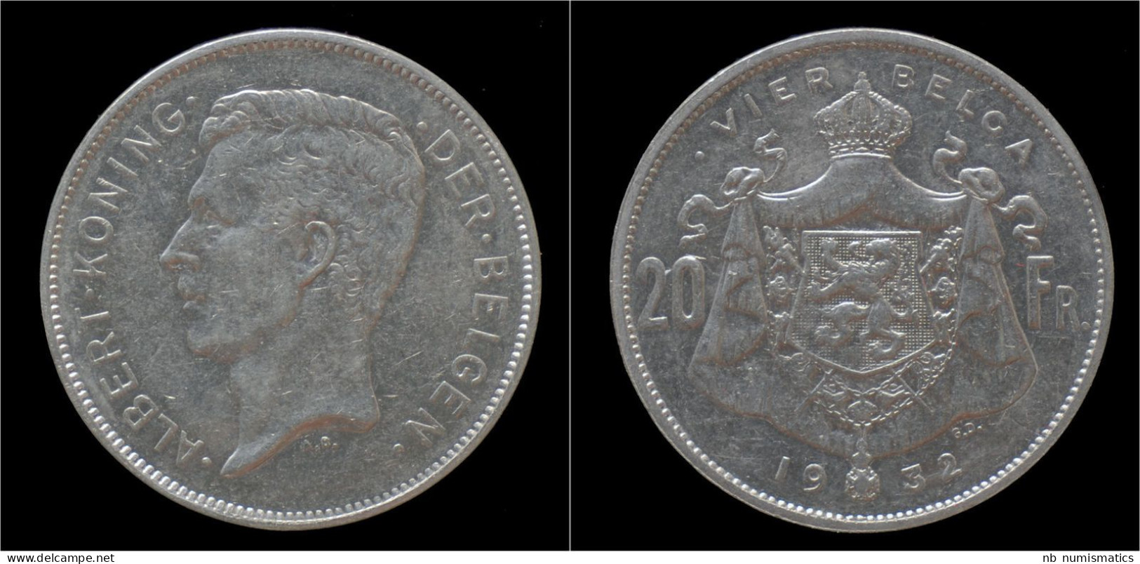 Belgium Albert I 20 Frank (4belga) 1932-VL-pos B. - 20 Francs & 4 Belgas