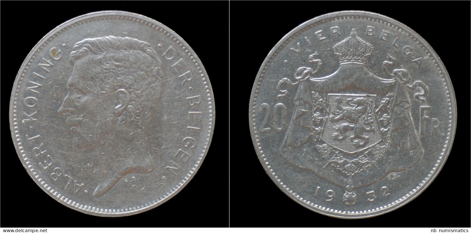 Belgium Albert I 20 Frank (4belga) 1932VL-pos A. - 20 Francs & 4 Belgas