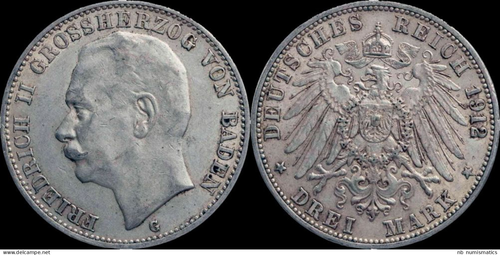 Germany Baden 3 Mark 1912G Friedrich II - 2, 3 & 5 Mark Silver
