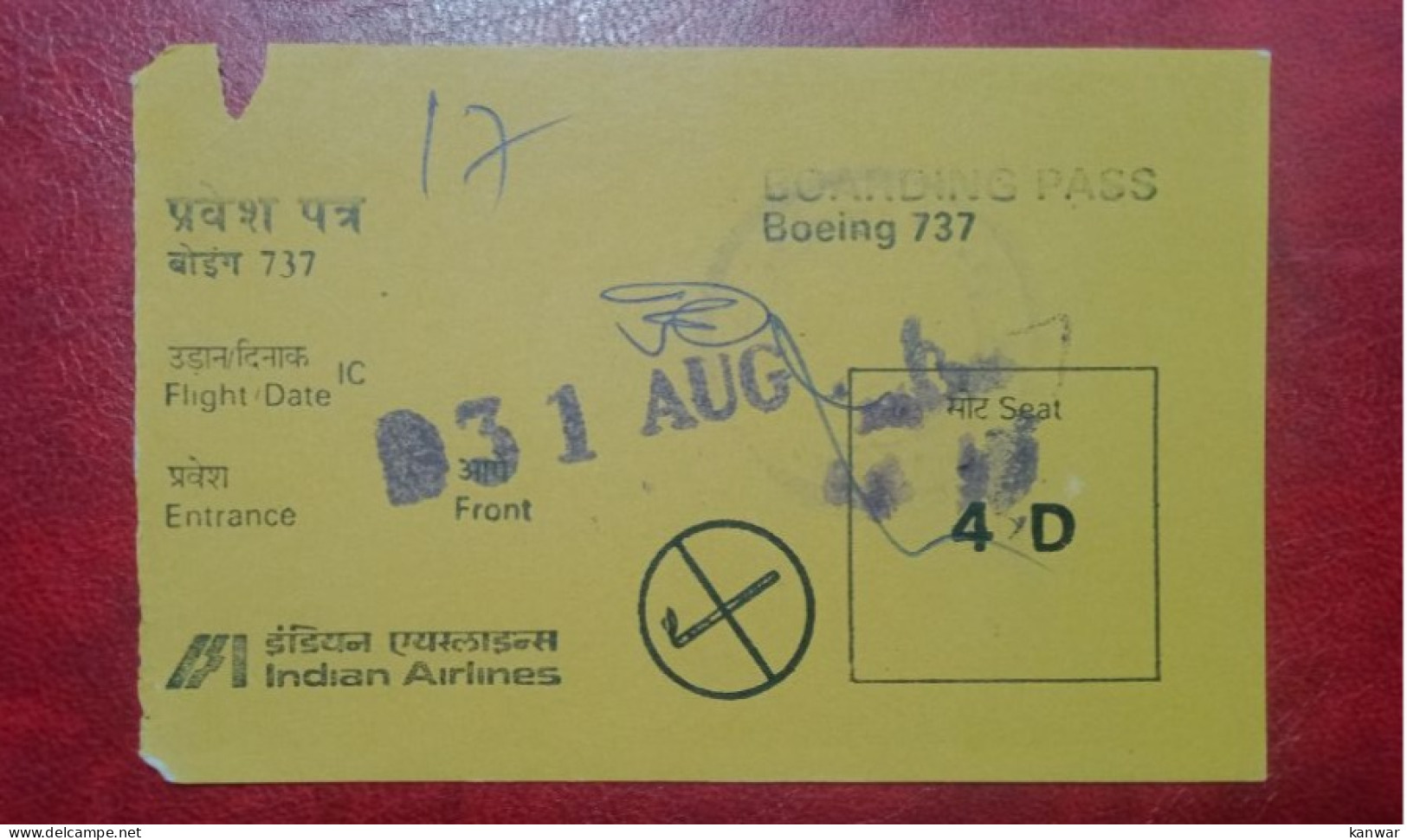 INDIAN AIRLINES PASSENGER BOARDING PASS - Instapkaart