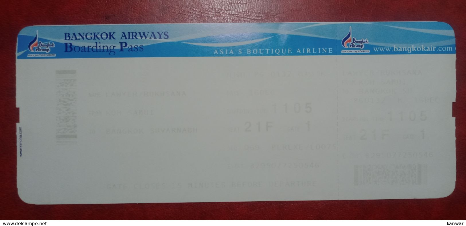 BANGKOK AIRWAYS AIRLINES PASSENGER E TICKET AND ECONOMY CLASS BOARDING PASS - Instapkaart