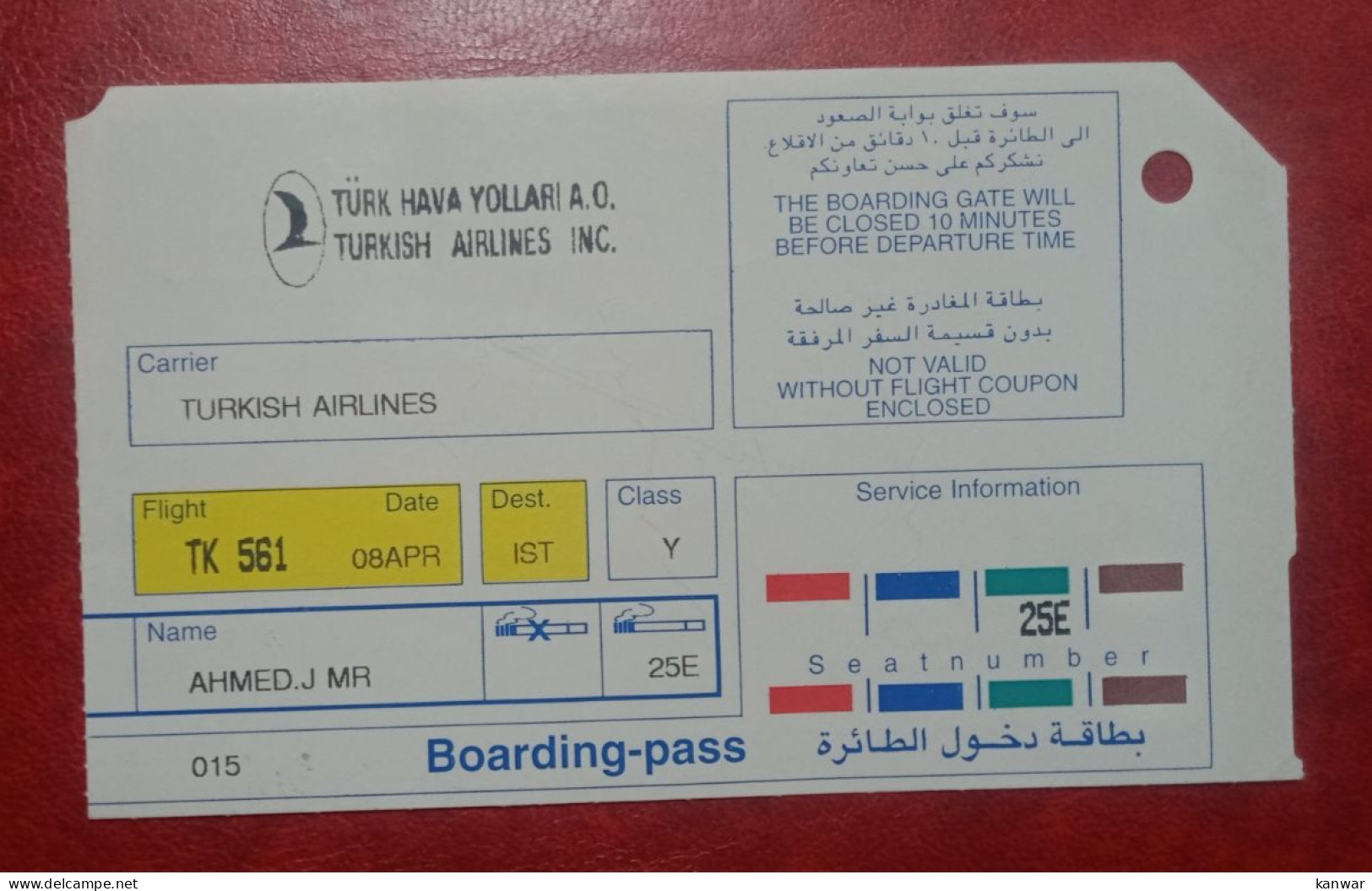 TURKISH AIRLINES PASSENGER BOARDING PASS ECONOMY CLASS - Instapkaart