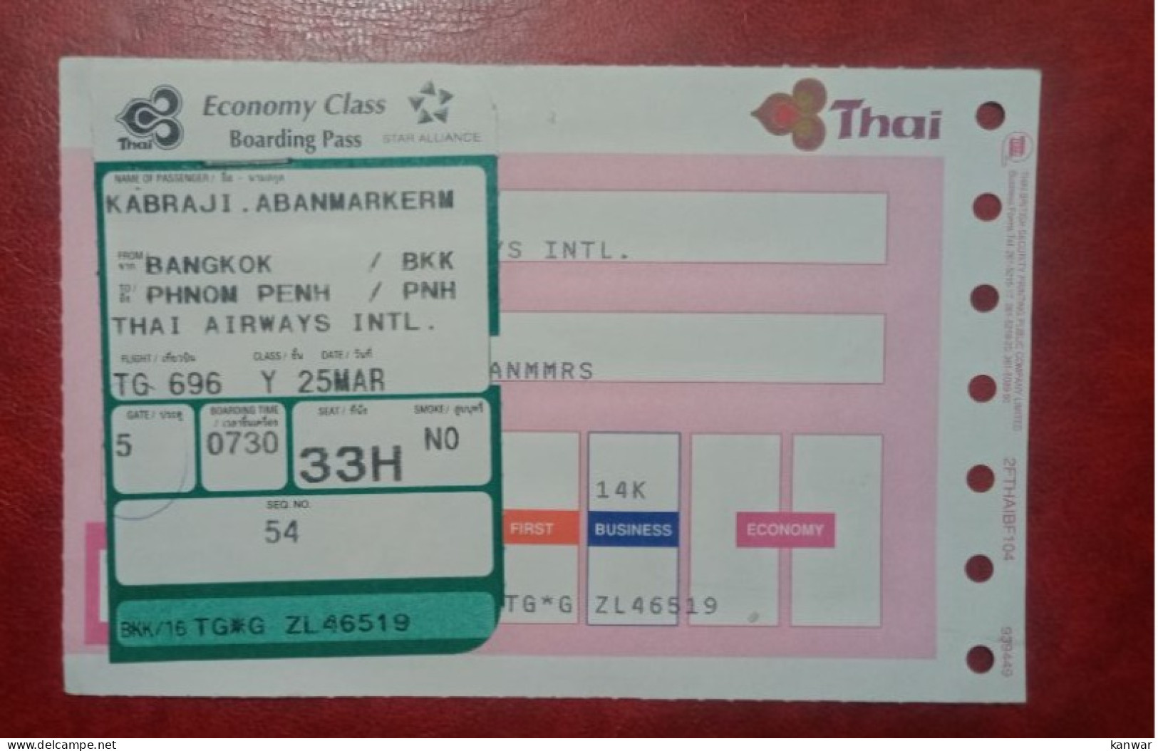 THAI AIRLINES PASSENGER BOARDING PASS ECONOMY CLASS - Instapkaart