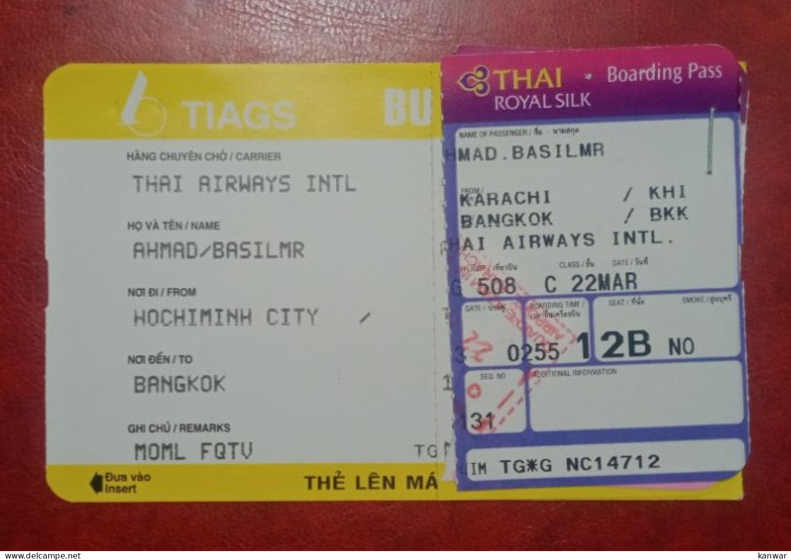 THAI AIRLINES PASSENGER BOARDING PASS BUSINESS CLASS - Instapkaart