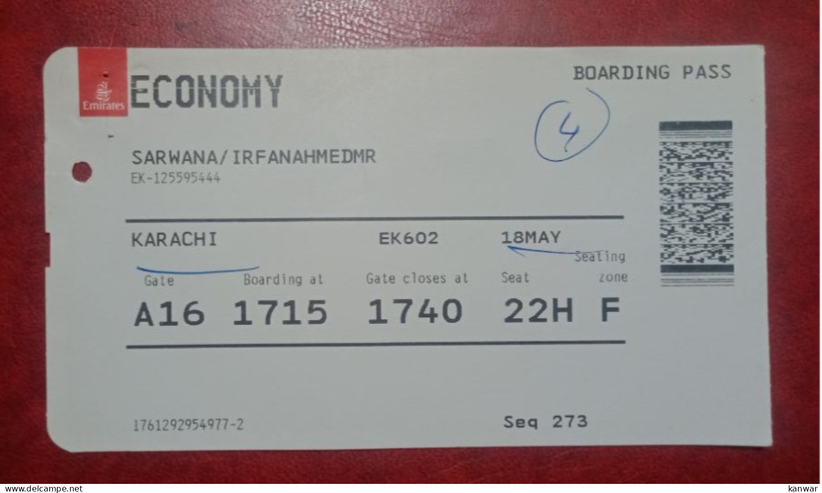 EMIRATES AIRLINES PASSENGER BOARDING PASS ECONOMY CLASS - Instapkaart