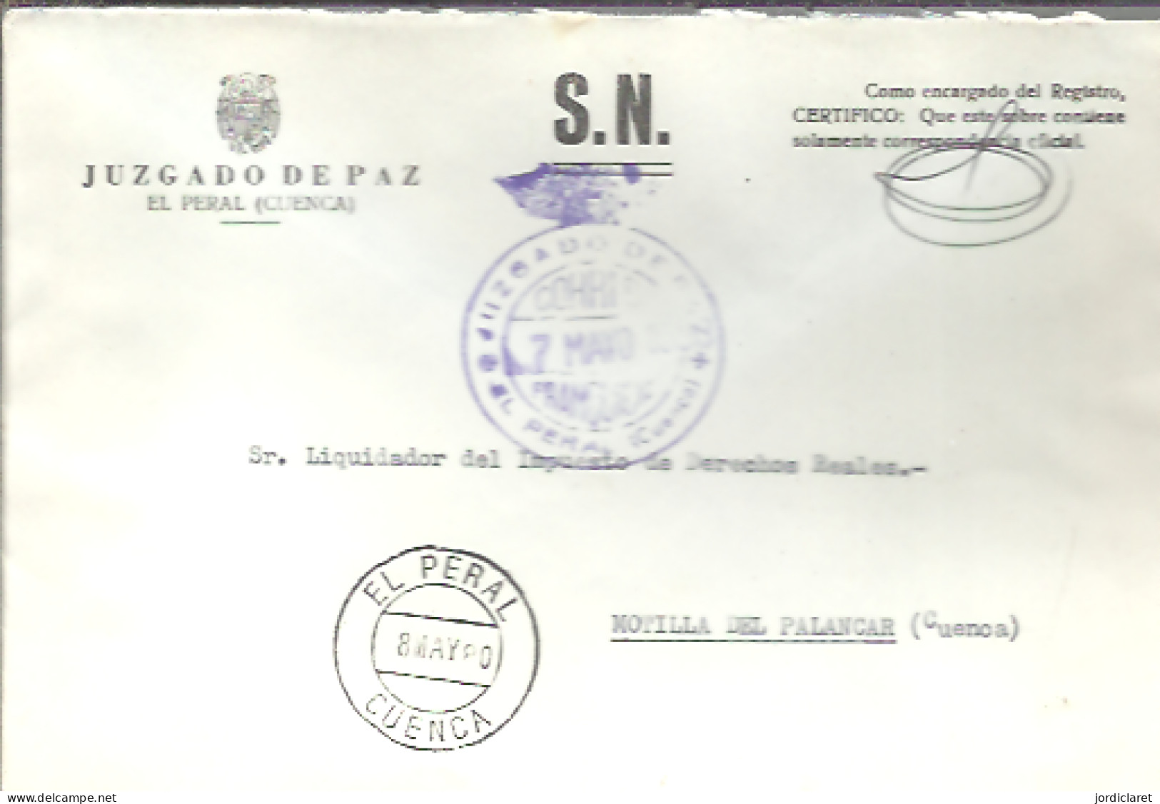 JUZGADO DE PAZ   EL PERAL CUENCA 1980 - Postage Free