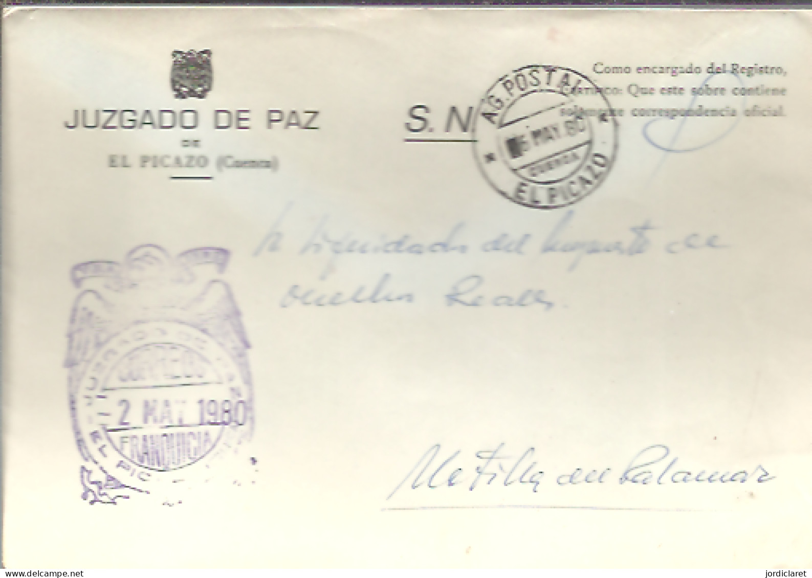 JUZGADO DE PAZ   EL PICAZO CUENCA 1980 - Vrijstelling Van Portkosten