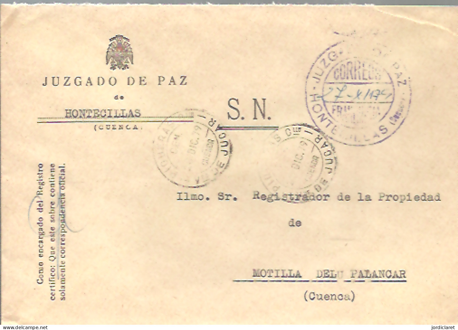 JUZGADO DE PAZ   HONTECILLAS CUENCA 1979 - Vrijstelling Van Portkosten
