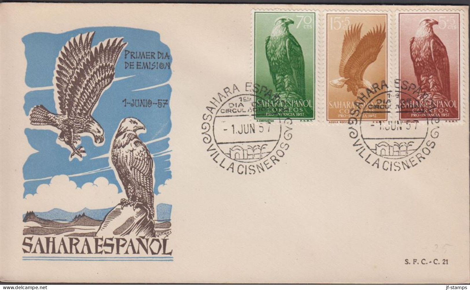 1957. SAHARA ESPANOL. Eagels Complete Set On Fine FDC Cancelled First Day Of Issue 1 JUN ... (MICHEL 170-172) - JF440008 - Sahara Español