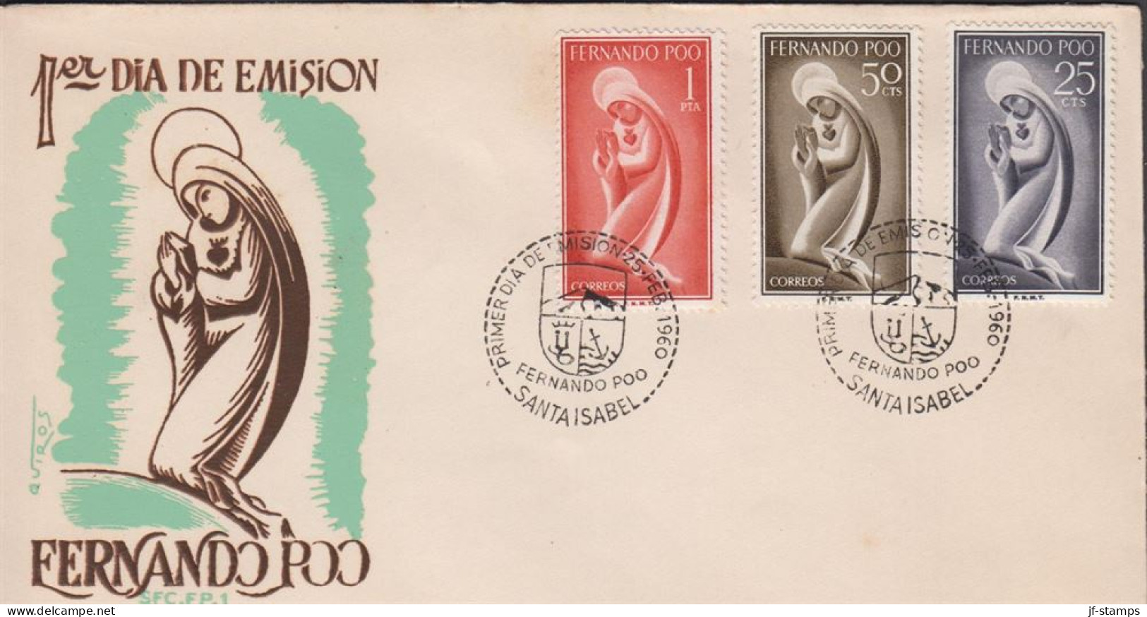 1960. FERNANDO-POO. Fine FDC With 25 + 50 CTS + 1 PTA Maria Cancelled First Day Of Issue 25 ... (Michel 178+) - JF440040 - Fernando Po