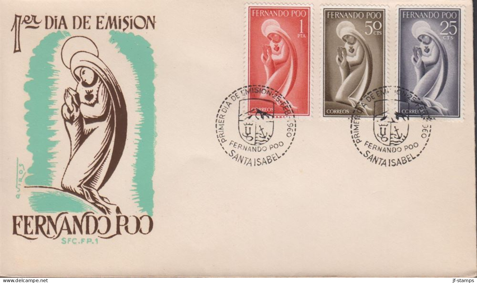 1960. FERNANDO-POO. Fine FDC With 25 + 50 CTS + 1 PTA Maria Cancelled First Day Of Issue 25 ... (Michel 178+) - JF440041 - Fernando Po