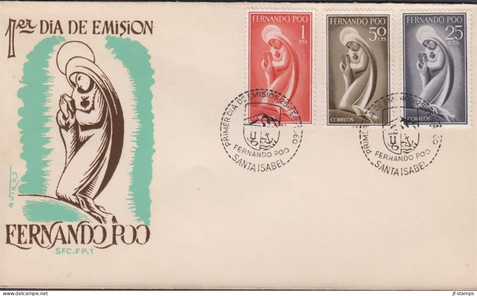 1960. FERNANDO-POO. Fine FDC With 25 + 50 CTS + 1 PTA Maria Cancelled First Day Of Issue 25 ... (Michel 178+) - JF440042 - Fernando Po