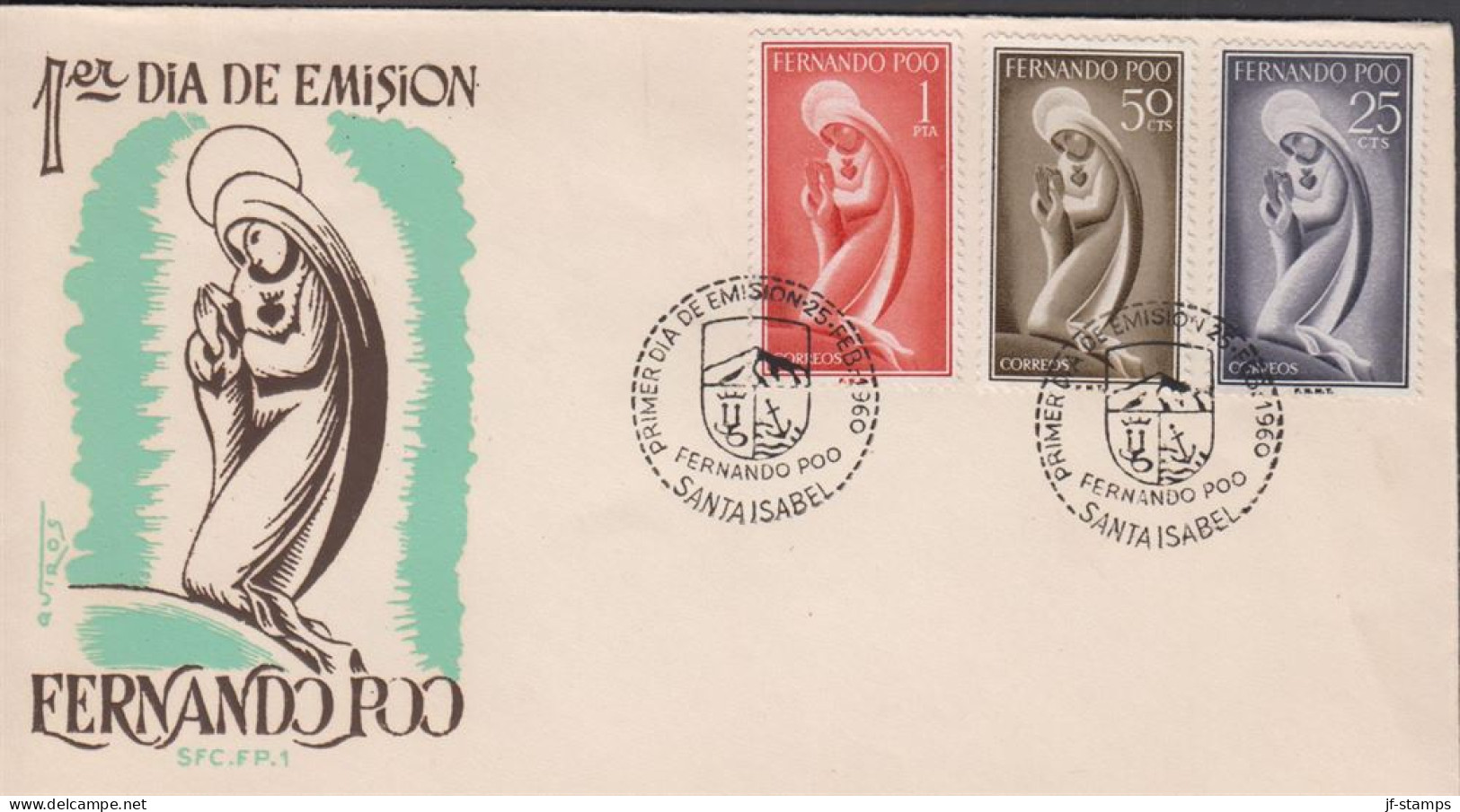 1960. FERNANDO-POO. Fine FDC With 25 + 50 CTS + 1 PTA Maria Cancelled First Day Of Issue 25 ... (Michel 178+) - JF440043 - Fernando Po