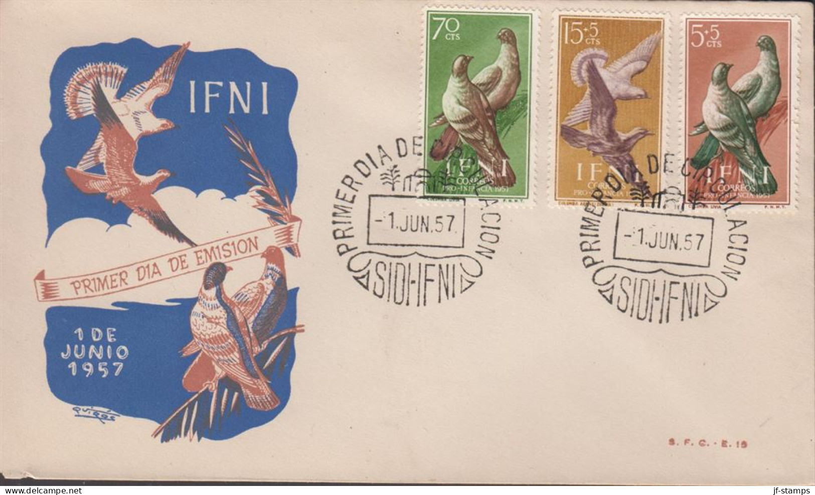 1957. IFNI. Beautiful FDC With Complete Set Birds Cancelled First Day Of Issue 1. JUN. 57... (MICHEL 164-166) - JF440045 - Ifni