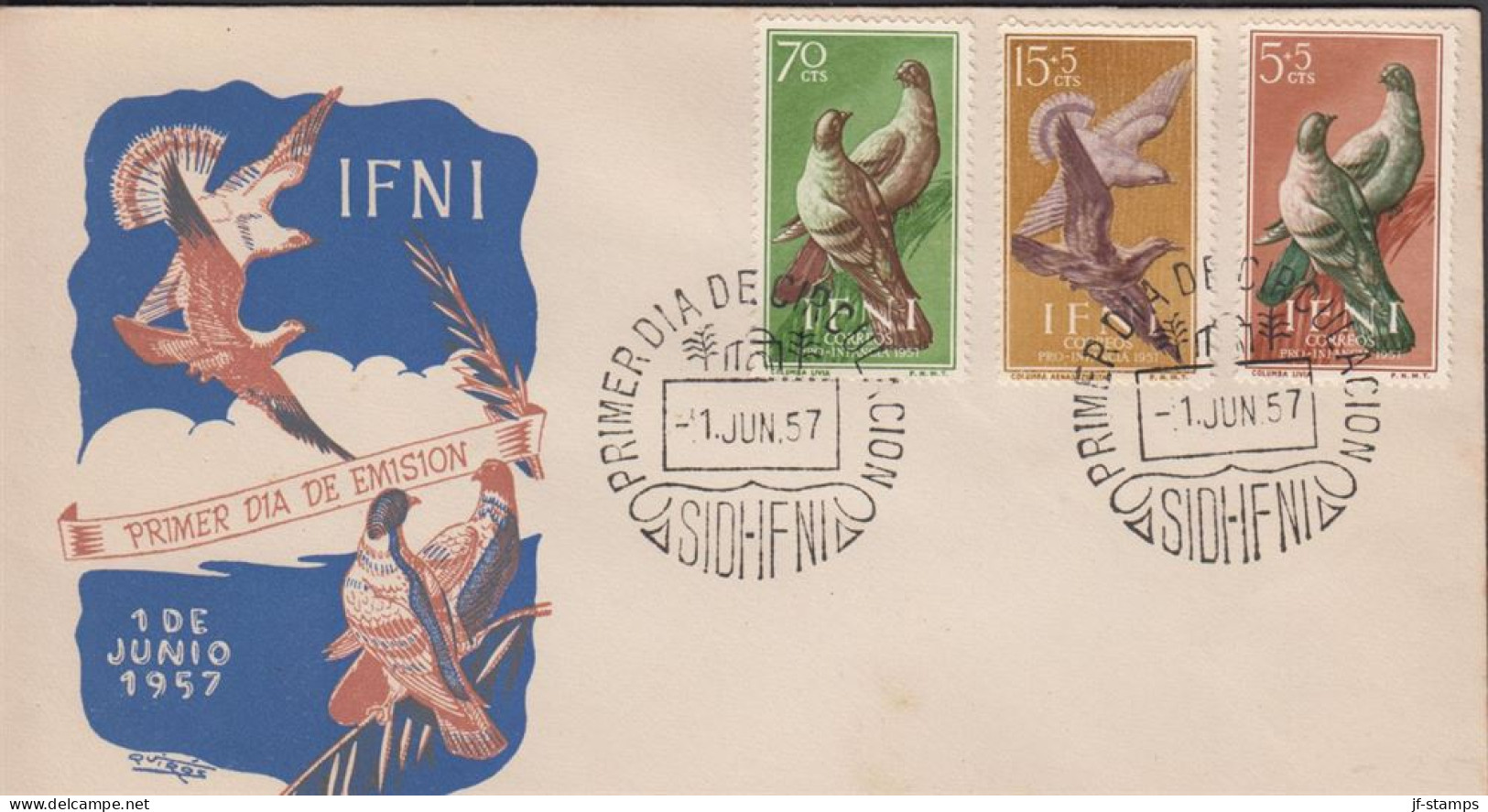 1957. IFNI. Beautiful FDC With Complete Set Birds Cancelled First Day Of Issue 1. JUN. 57... (MICHEL 164-166) - JF440047 - Ifni