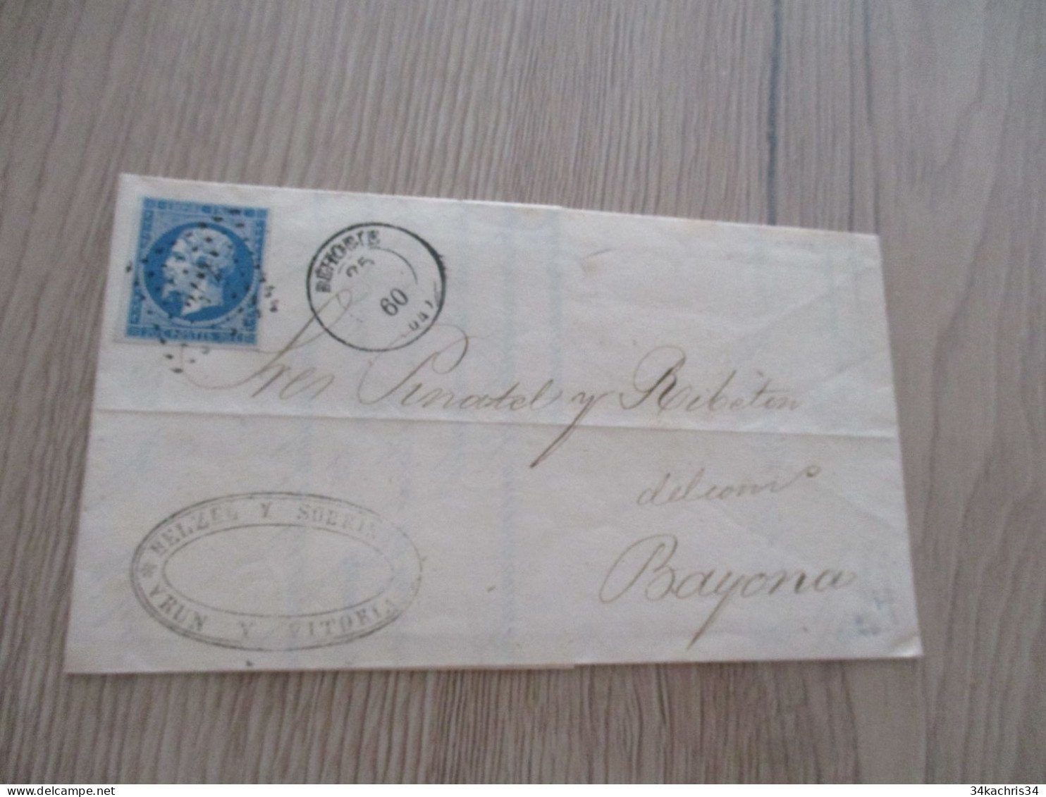 Collection Basses Pyrénées Lettre France Napoléon Behobie 25/07/1860 Pour Bayonne - 1853-1860 Napoléon III