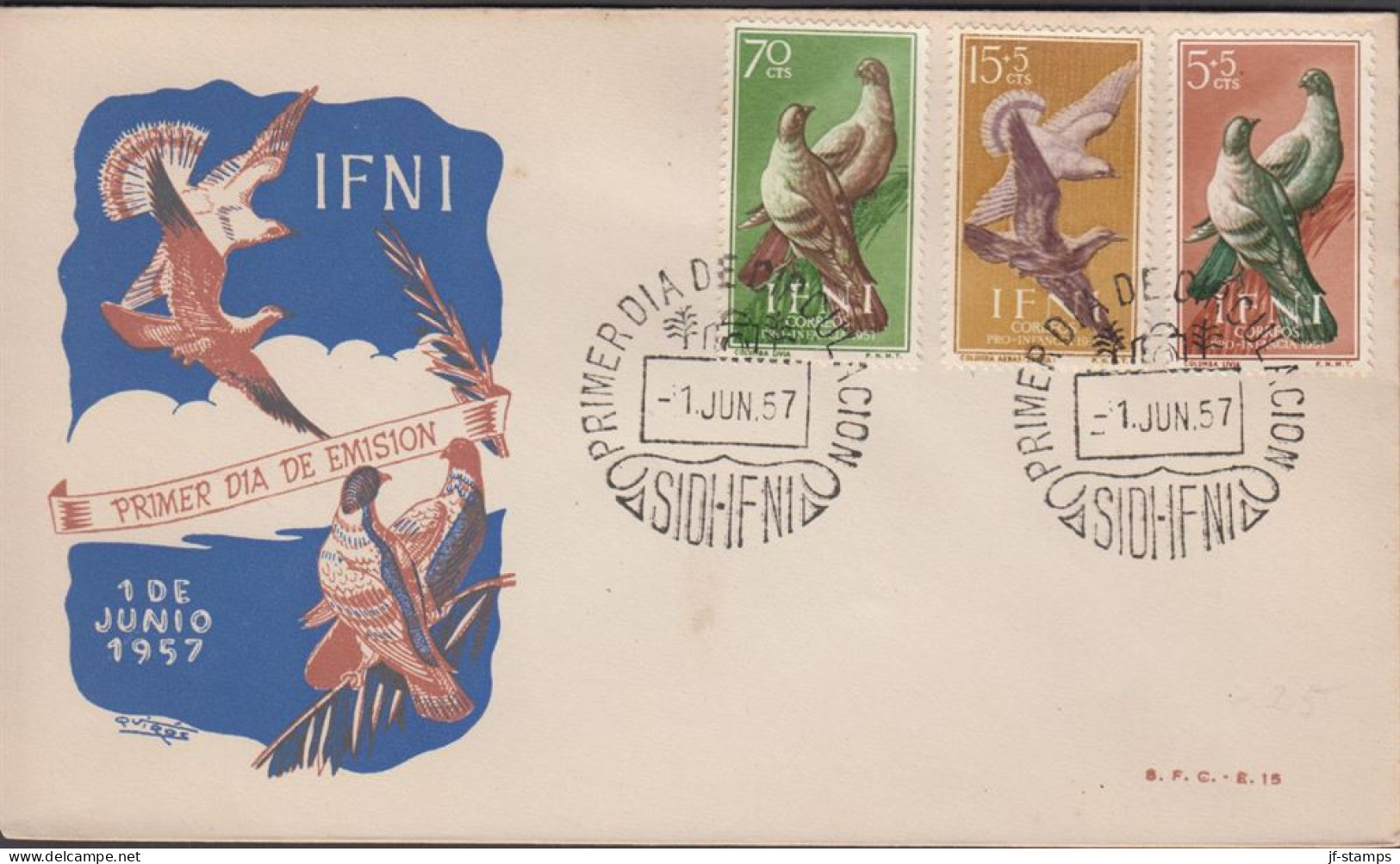 1957. IFNI. Beautiful FDC With Complete Set Birds Cancelled First Day Of Issue 1. JUN. 57... (MICHEL 164-166) - JF440049 - Ifni