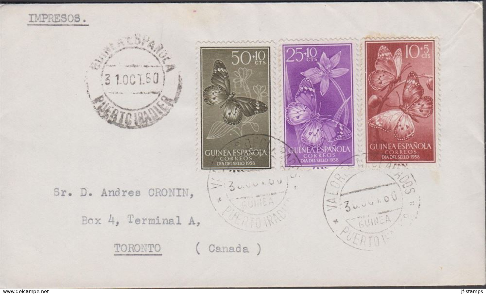 1960. GUINEA ESPANOLA. Interesting Cover To Canada With Complete Set Butterflyes Cancelle... (michel 353-355) - JF440054 - Guinea Española