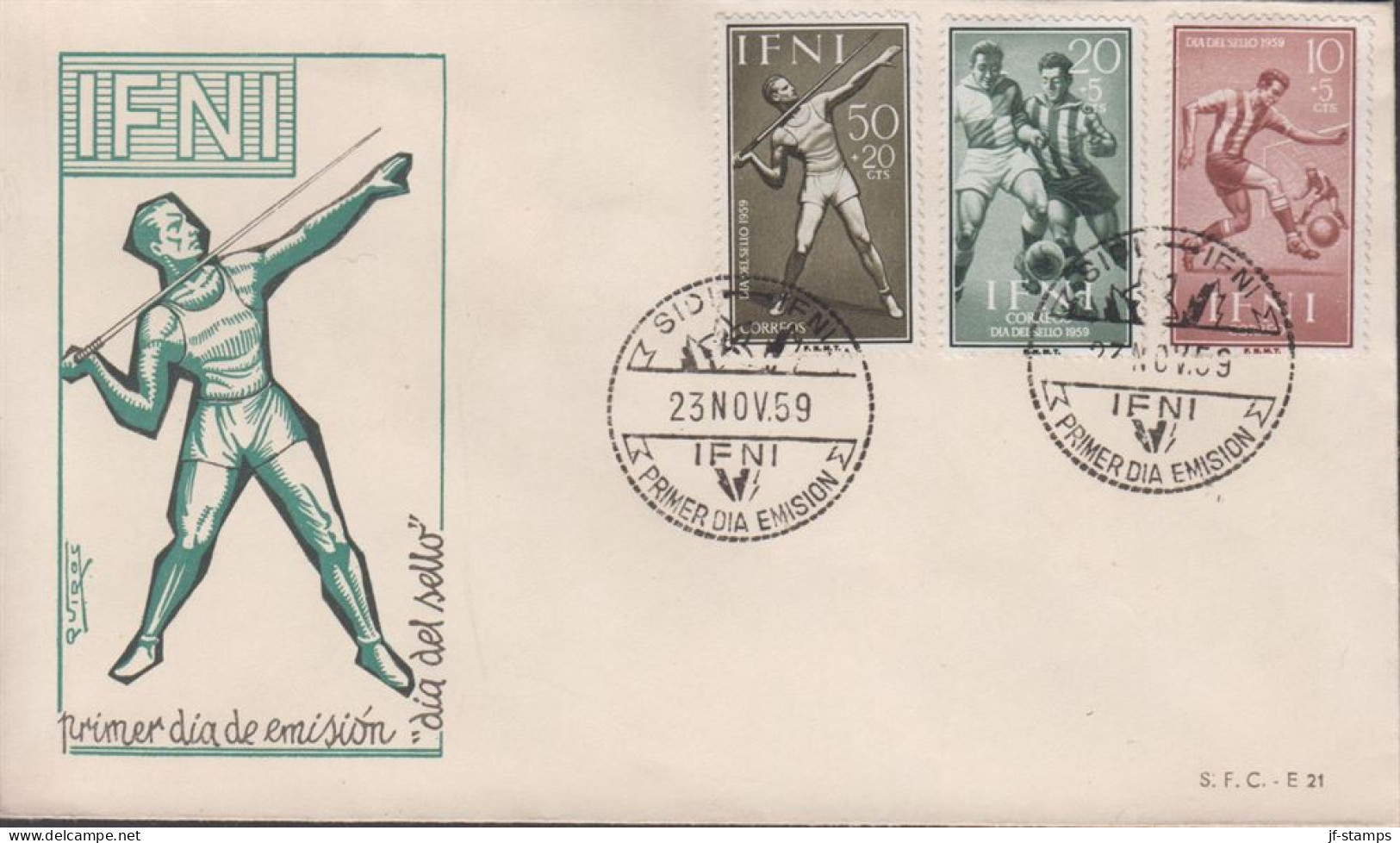 1959. IFNI. Beautiful FDC With Complete Set Sport (football) Cancelled First Day Of Issue... (MICHEL 185-187) - JF440055 - Ifni