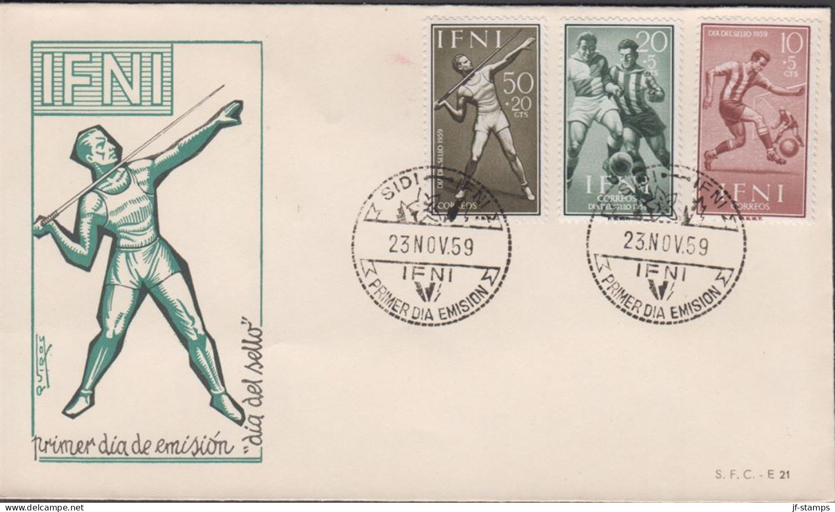 1959. IFNI. Beautiful FDC With Complete Set Sport (football) Cancelled First Day Of Issue... (MICHEL 185-187) - JF440056 - Ifni