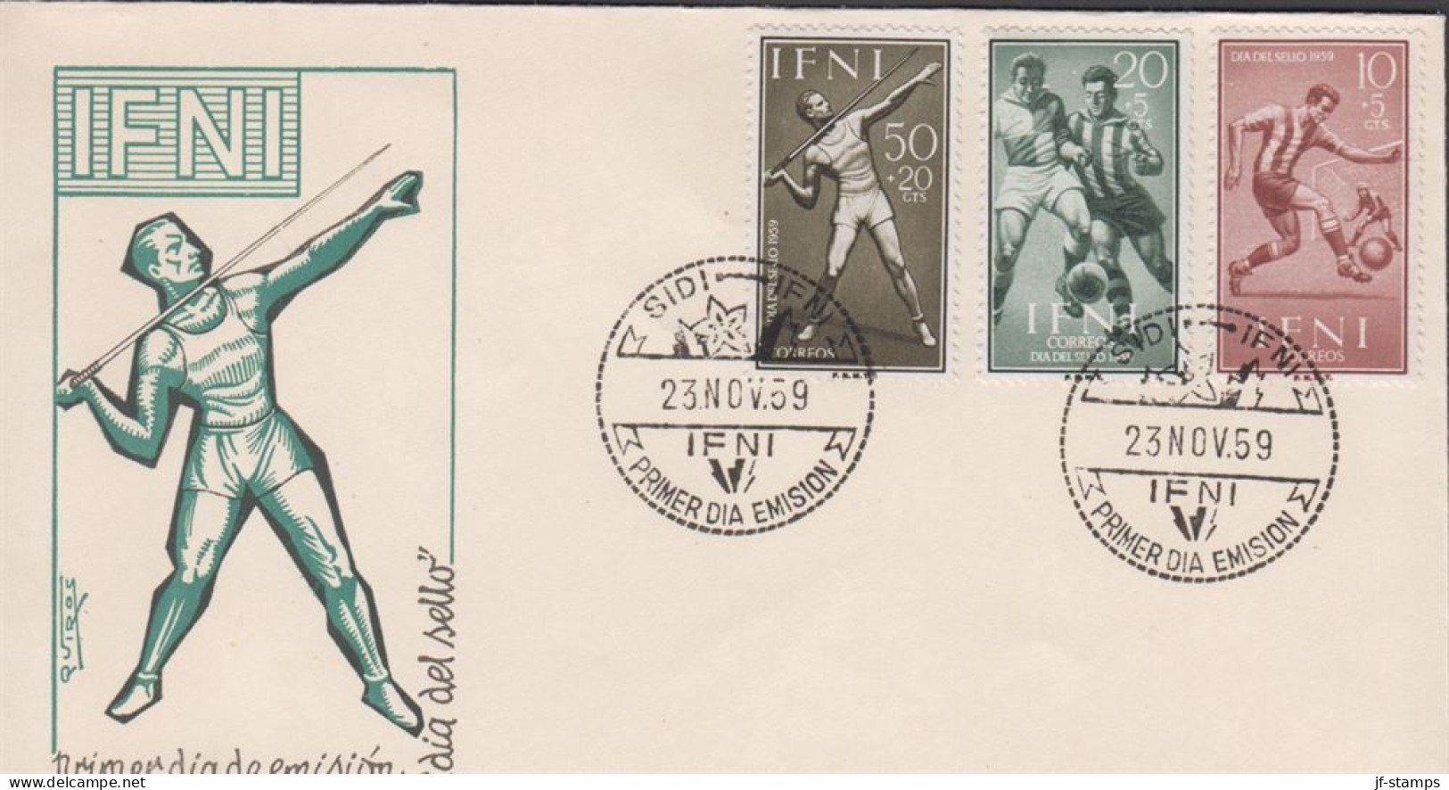 1959. IFNI. Beautiful FDC With Complete Set Sport (football) Cancelled First Day Of Issue... (MICHEL 185-187) - JF440057 - Ifni