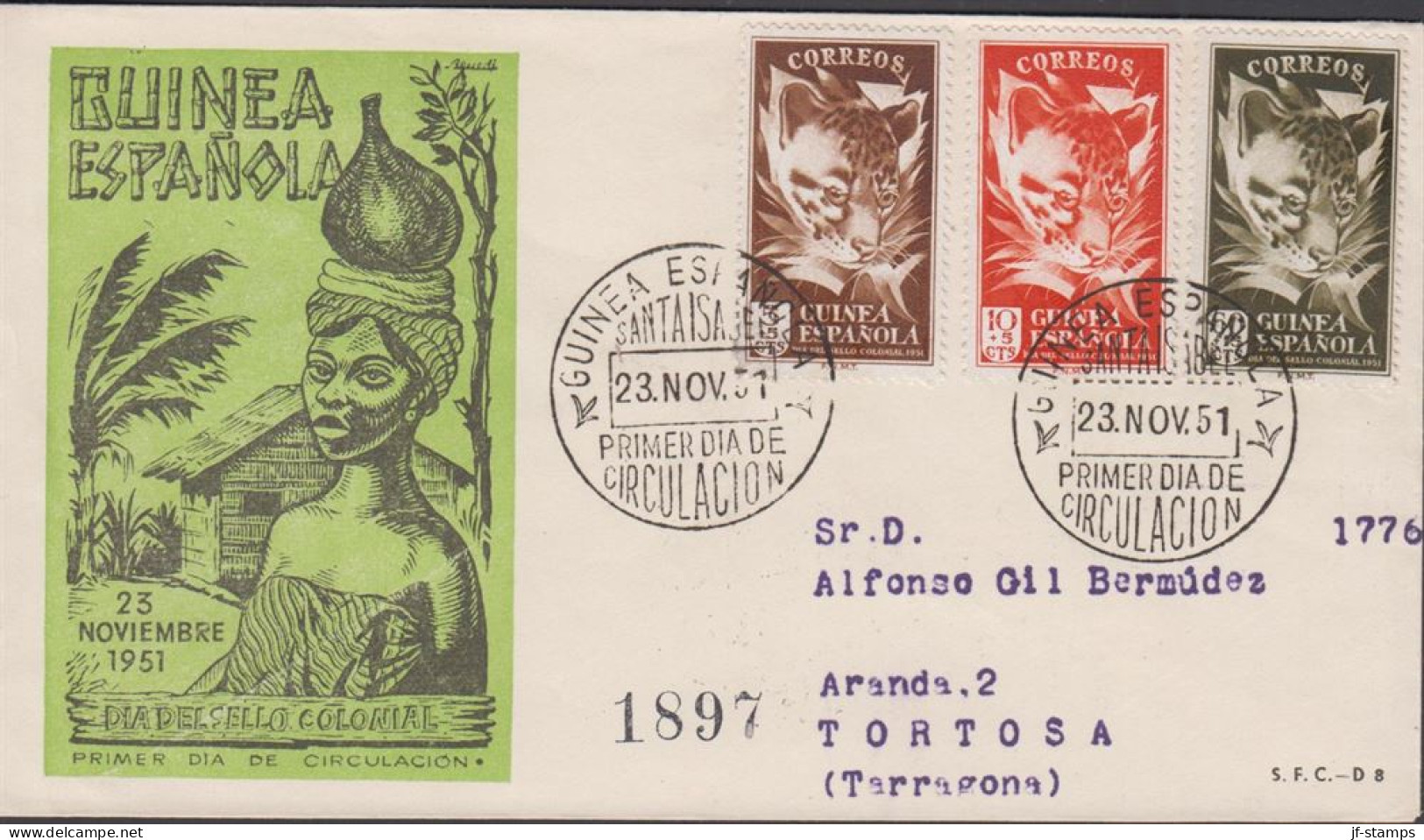 1951. GUINEA ESPANOLA. Beautiful Early FDC With Complete Set DAI DEL SELLO COLONIAL Cance... (michel 271-273) - JF440059 - Guinea Española