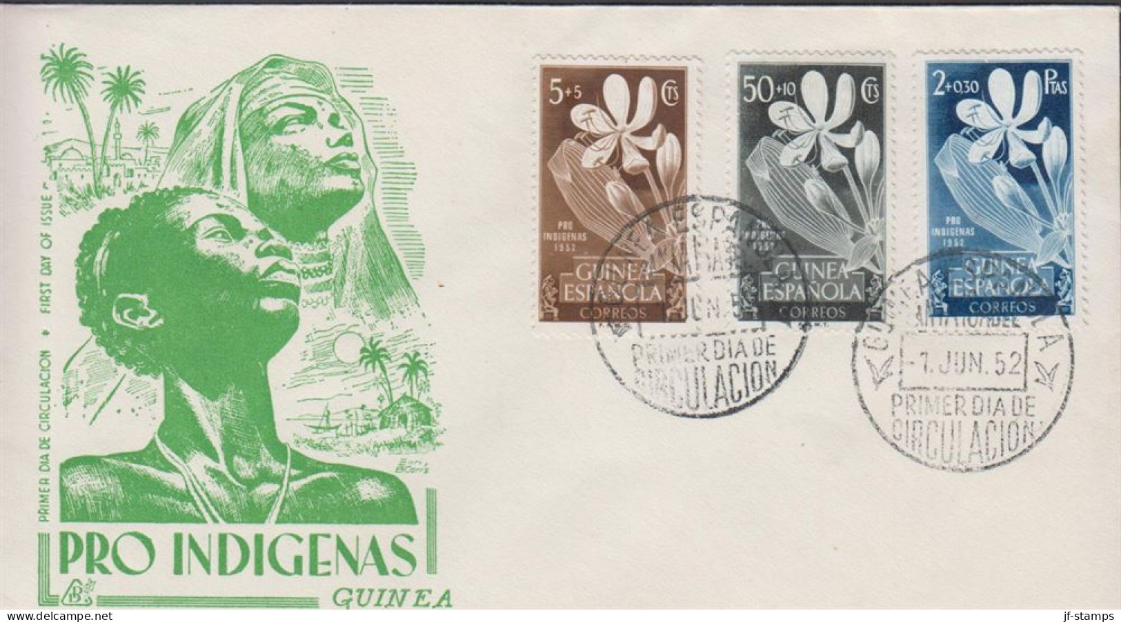 1952. GUINEA ESPANOLA. Beautiful Early FDC With Complete Set PRO INDIGENAS Cancelled Firs... (michel 279-281) - JF440060 - Guinea Española