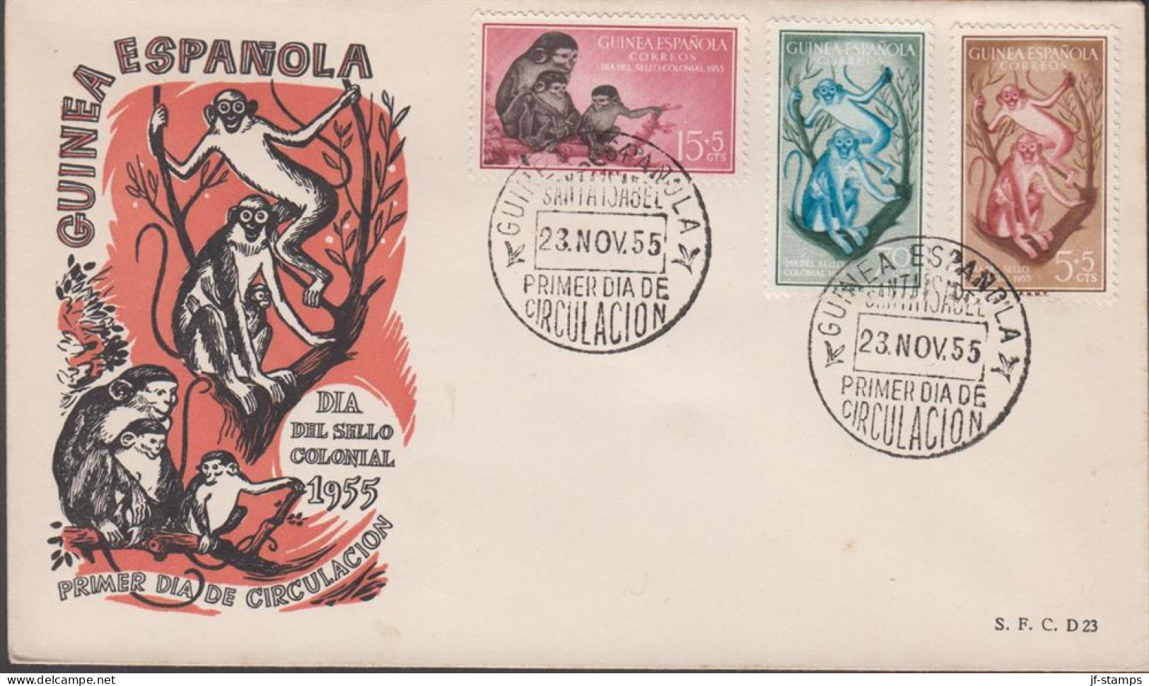 1955. GUINEA ESPANOLA. Beautiful FDC With Complete Set DIA DEL SELLO COLONIAL Cancelled F... (michel 320-322) - JF440061 - Guinea Española