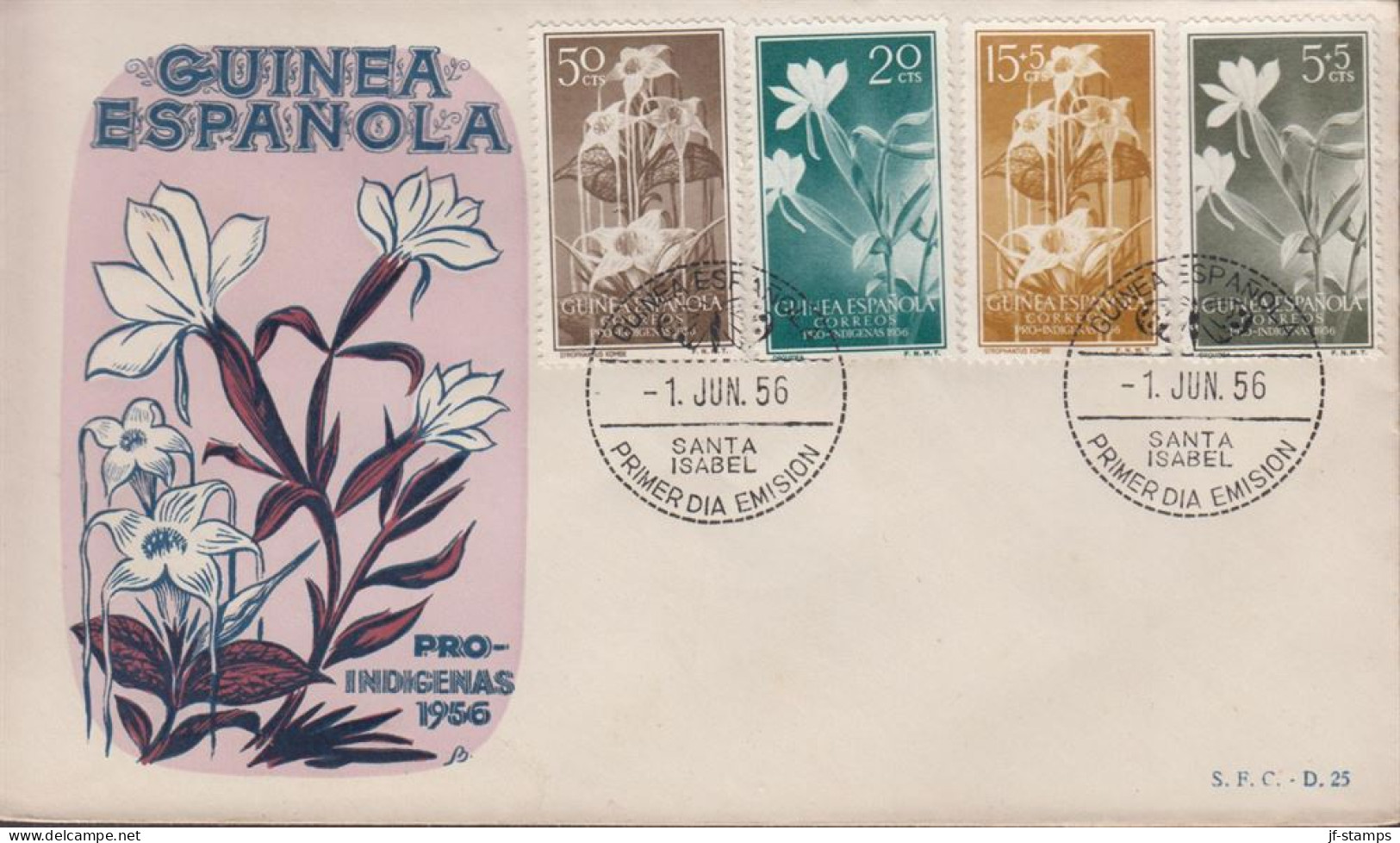 1956. GUINEA ESPANOLA. Beautiful FDC With Complete Set PRO INDIGENAS Cancelled First Day ... (michel 323-326) - JF440063 - Guinea Española