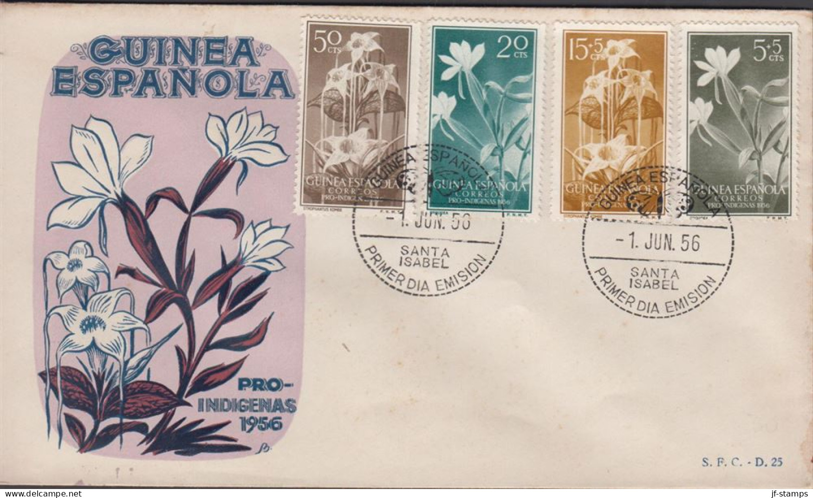 1956. GUINEA ESPANOLA. Beautiful FDC With Complete Set PRO INDIGENAS Cancelled First Day ... (michel 323-326) - JF440064 - Guinea Española