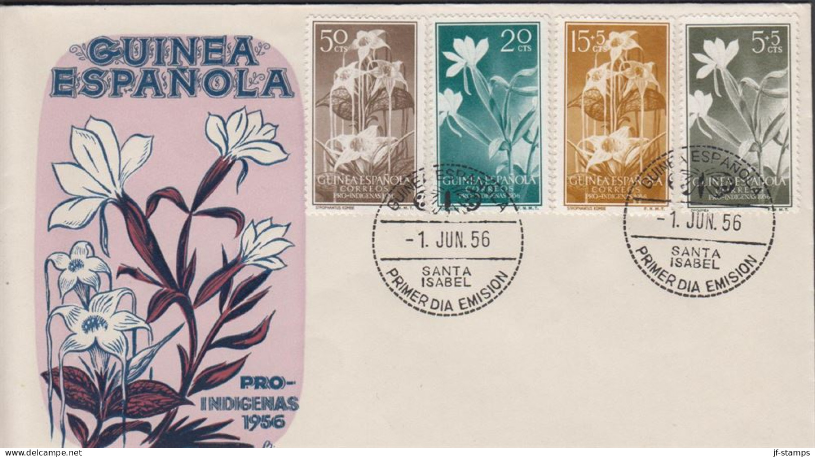 1956. GUINEA ESPANOLA. Beautiful FDC With Complete Set PRO INDIGENAS Cancelled First Day ... (michel 323-326) - JF440065 - Guinea Española
