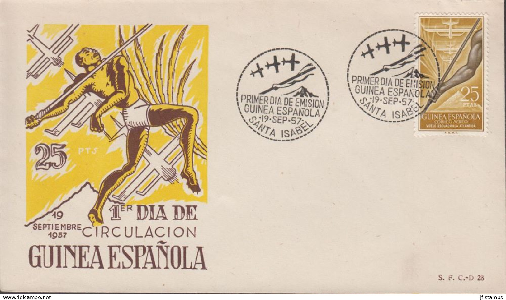 1957. GUINEA ESPANOLA. Beautiful FDC With Sport Motive With 25 PTAS Flight „Atlantida“ From M... (michel 333) - JF440069 - Guinea Española