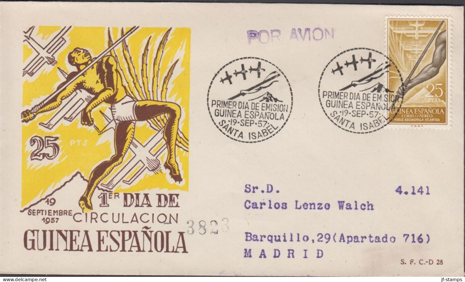 1957. GUINEA ESPANOLA. Beautiful FDC With Sport Motive With 25 PTAS Flight „Atlantida“ From M... (michel 333) - JF440070 - Guinea Española