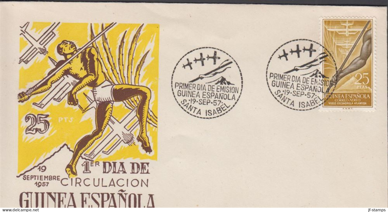 1957. GUINEA ESPANOLA. Beautiful FDC With Sport Motive With 25 PTAS Flight „Atlantida“ From M... (michel 333) - JF440073 - Guinea Española