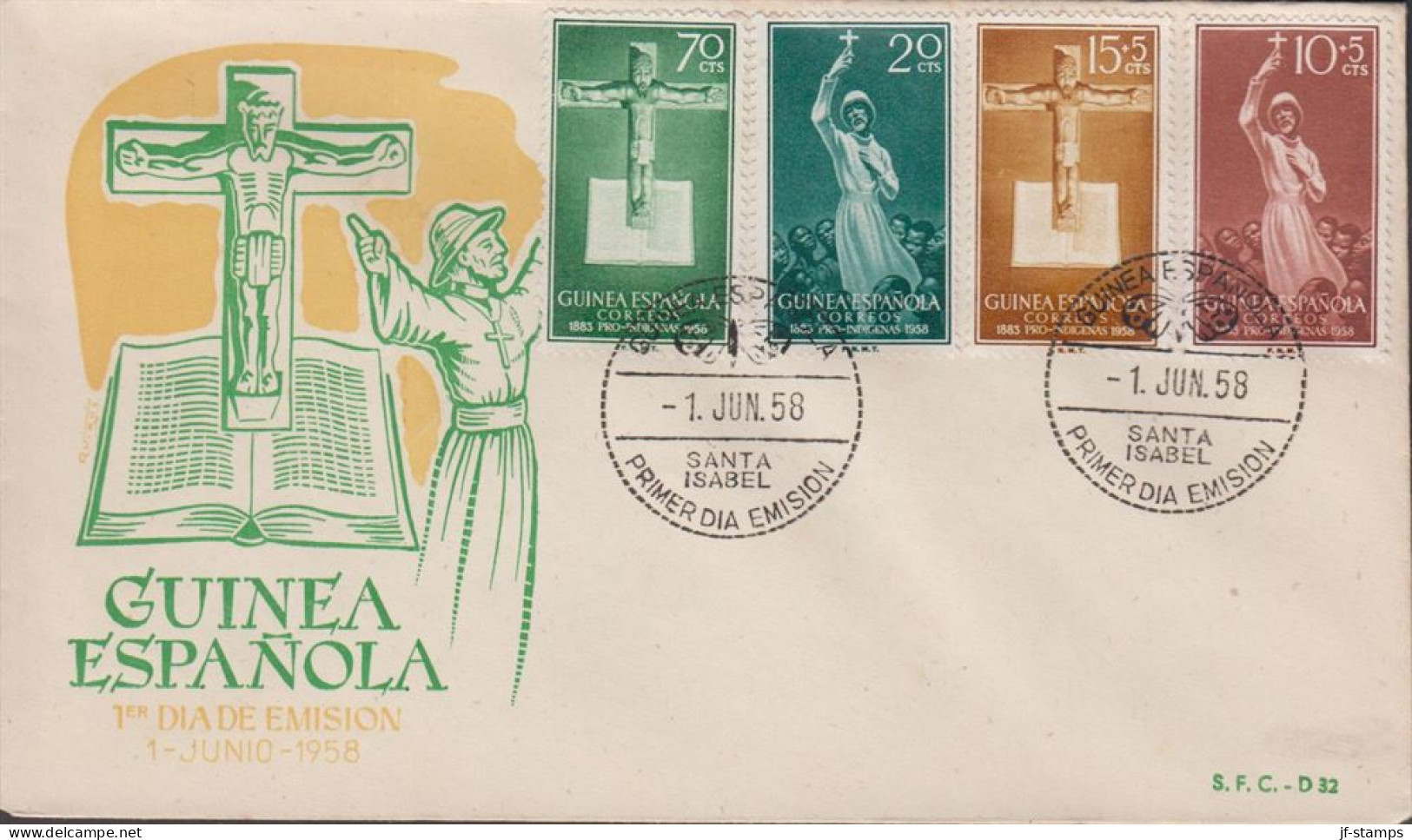 1958. GUINEA ESPANOLA. Beautiful FDC With Missionaire Motive With Complete Set Cancelled ... (michel 349-352) - JF440076 - Guinea Española