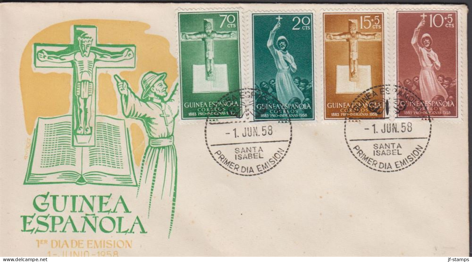 1958. GUINEA ESPANOLA. Beautiful FDC With Missionaire Motive With Complete Set Cancelled ... (michel 349-352) - JF440078 - Guinea Española