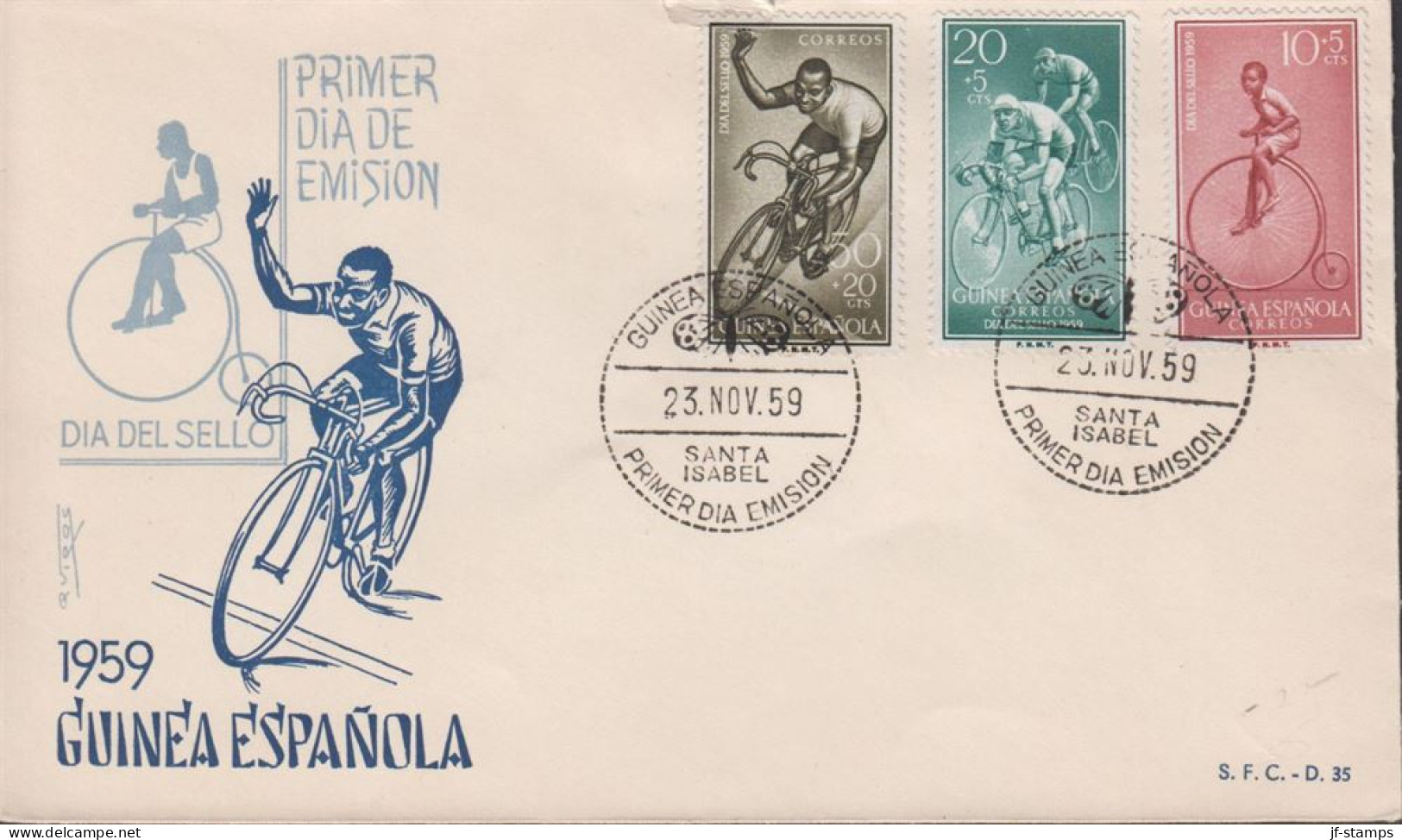1959. GUINEA ESPANOLA. Beautiful FDC With Bicycle Motive With Complete Set Cancelled Firs... (michel 360-362) - JF440080 - Guinea Española