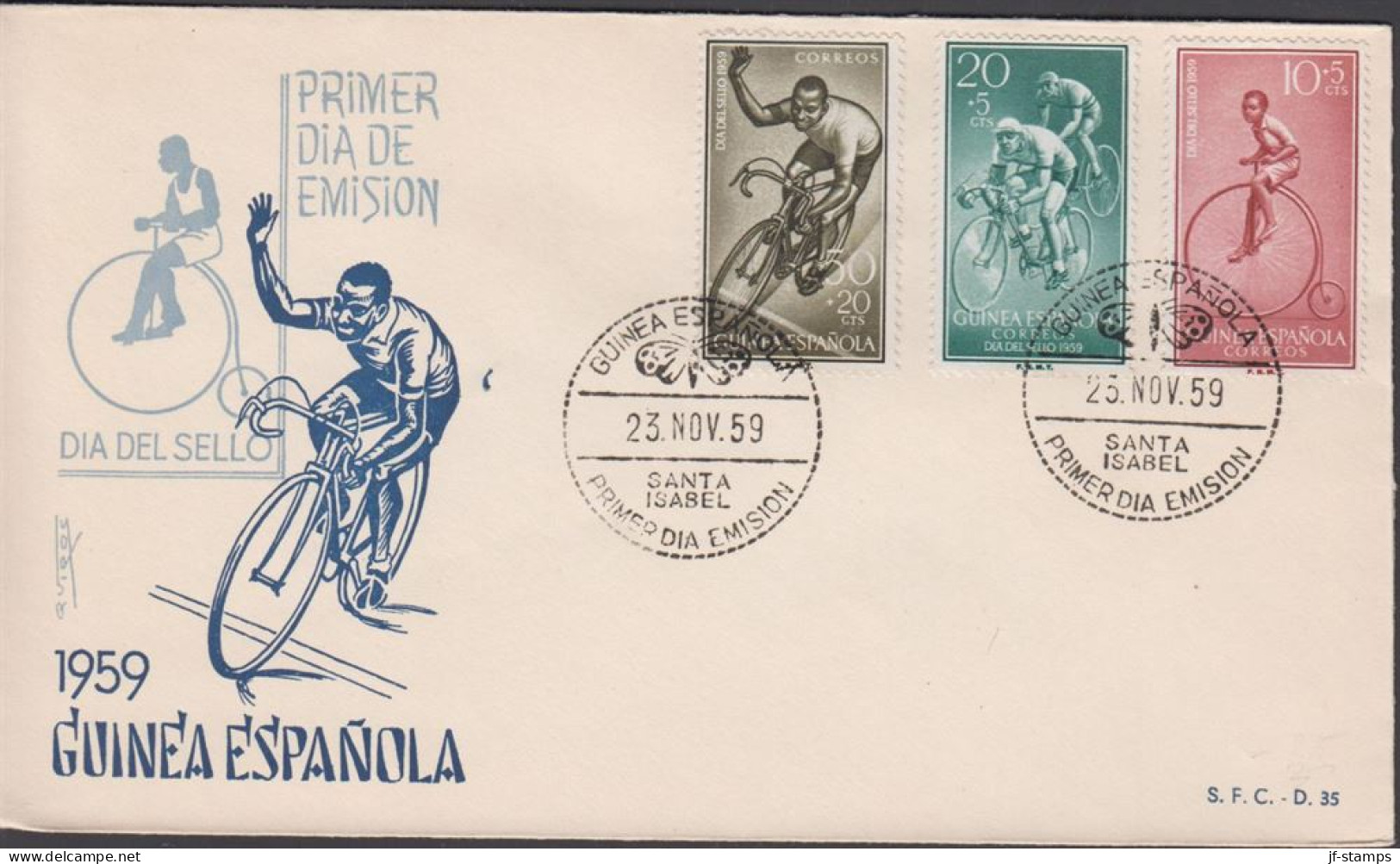 1959. GUINEA ESPANOLA. Beautiful FDC With Bicycle Motive With Complete Set Cancelled Firs... (michel 360-362) - JF440081 - Guinea Española