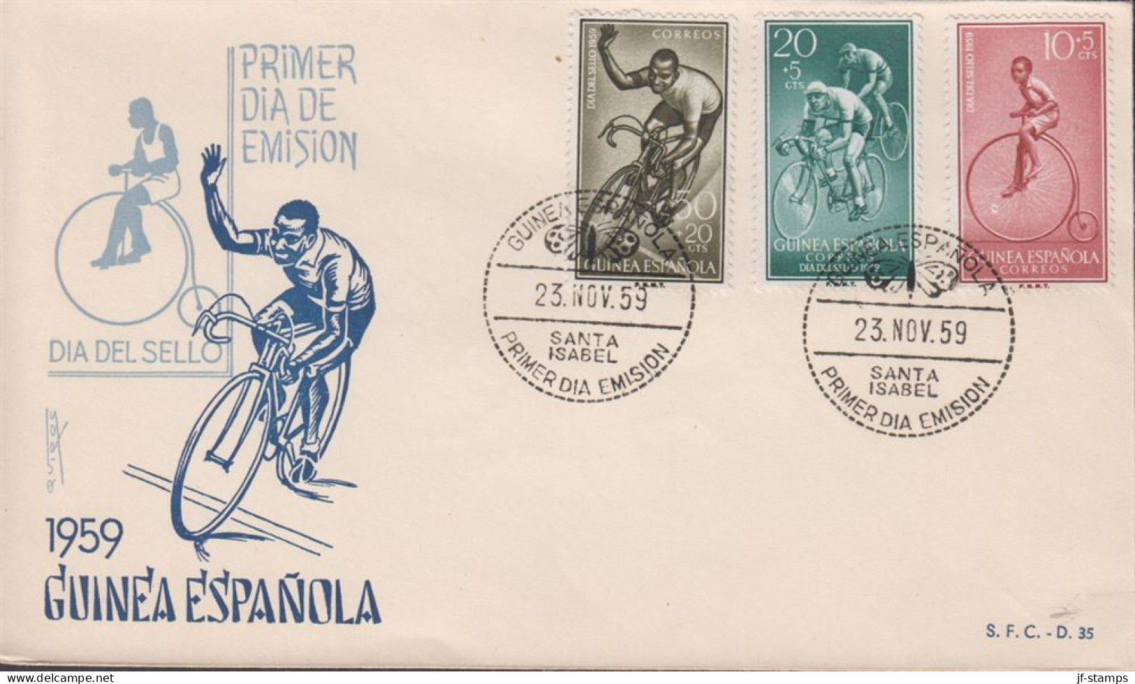 1959. GUINEA ESPANOLA. Beautiful FDC With Bicycle Motive With Complete Set Cancelled Firs... (michel 360-362) - JF440083 - Guinea Española