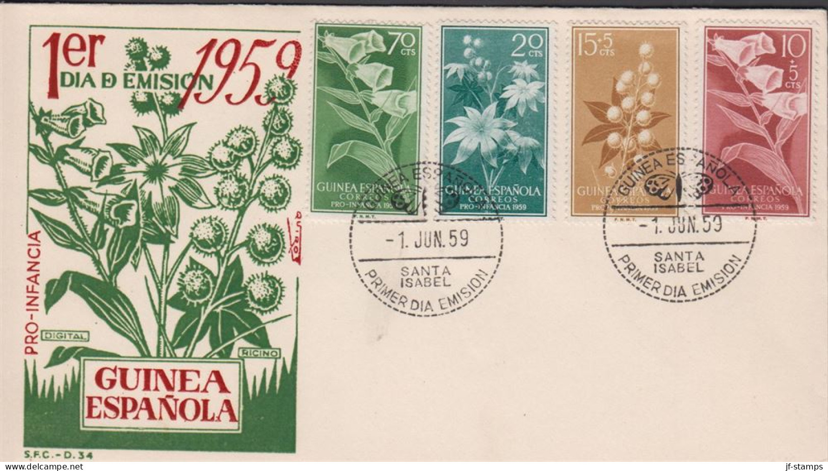 1959. GUINEA ESPANOLA. Beautiful FDC With Complete Set PRO INDIGENAS Cancelled First Day ... (michel 356-359) - JF440087 - Guinea Española
