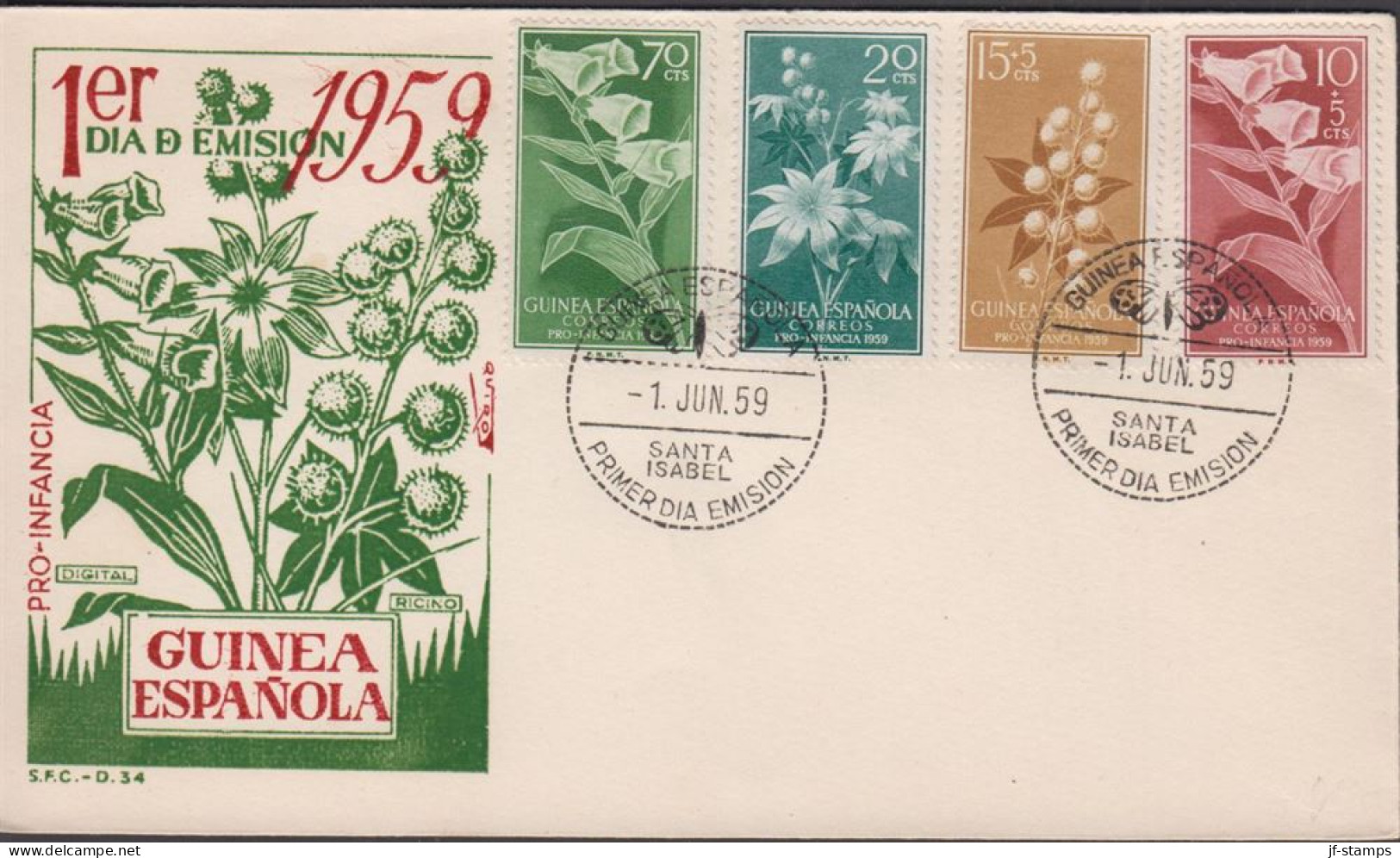 1959. GUINEA ESPANOLA. Beautiful FDC With Complete Set PRO INDIGENAS Cancelled First Day ... (michel 356-359) - JF440089 - Guinea Española