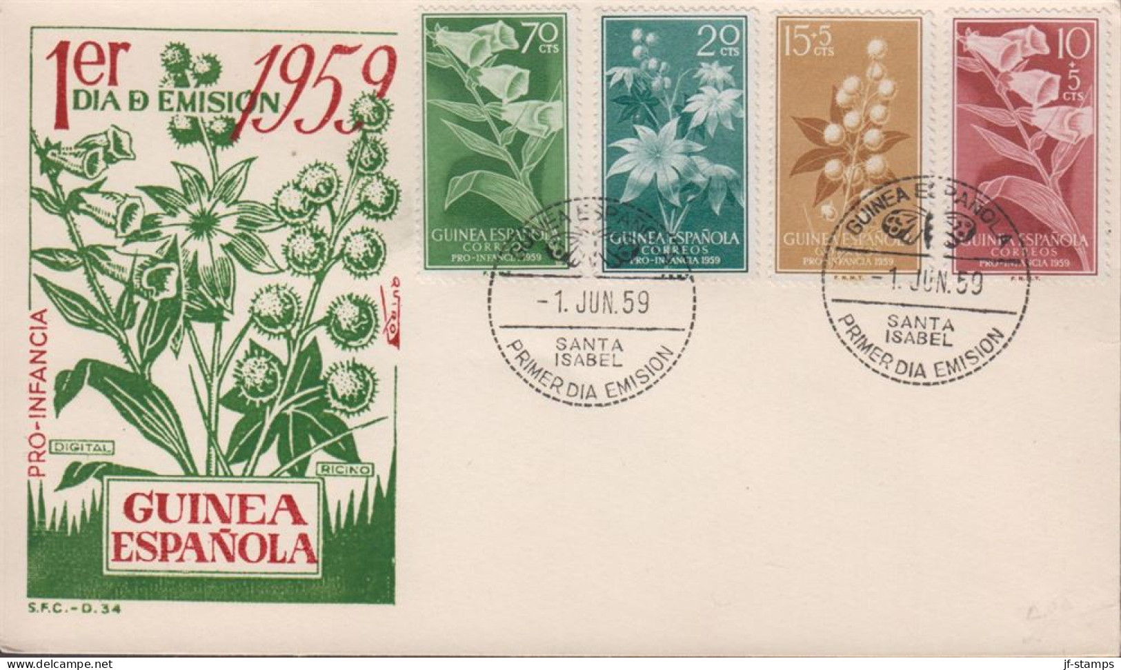 1959. GUINEA ESPANOLA. Beautiful FDC With Complete Set PRO INDIGENAS Cancelled First Day ... (michel 356-359) - JF440090 - Guinea Española