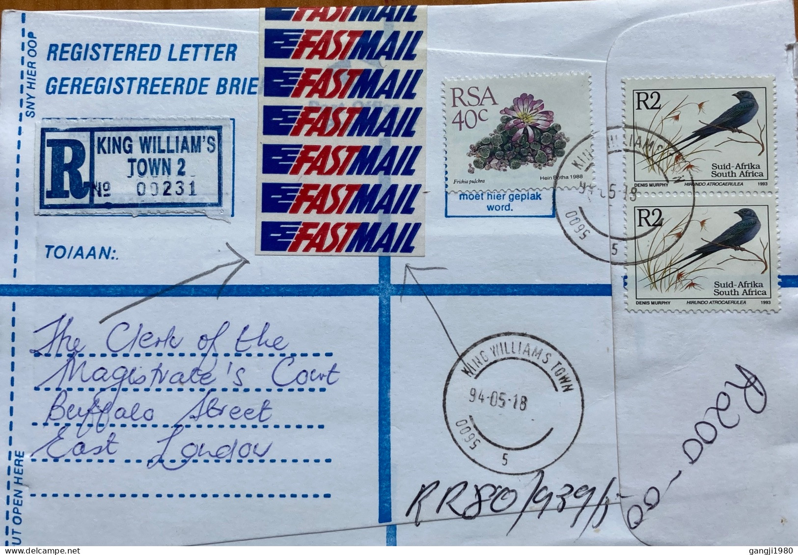 SOUTH AFRICA-1994, REGISTER STATIONERY, COVER USED, 3 SIDE OPEN, VIGNETTE FASTMAIL LABEL, BIRD & FLOWER, KING WILLIAM'S - Lettres & Documents
