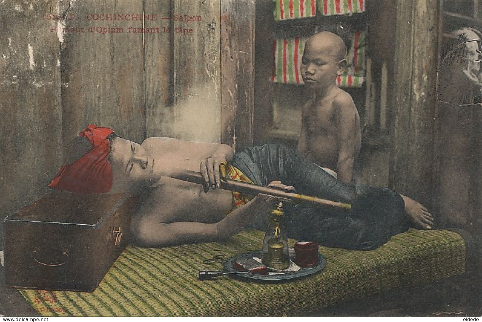 Hand Colored Opium Smoker With Kid In Indochina Drug Addict . Drogue . Doux Reves Texte Verso - Asia