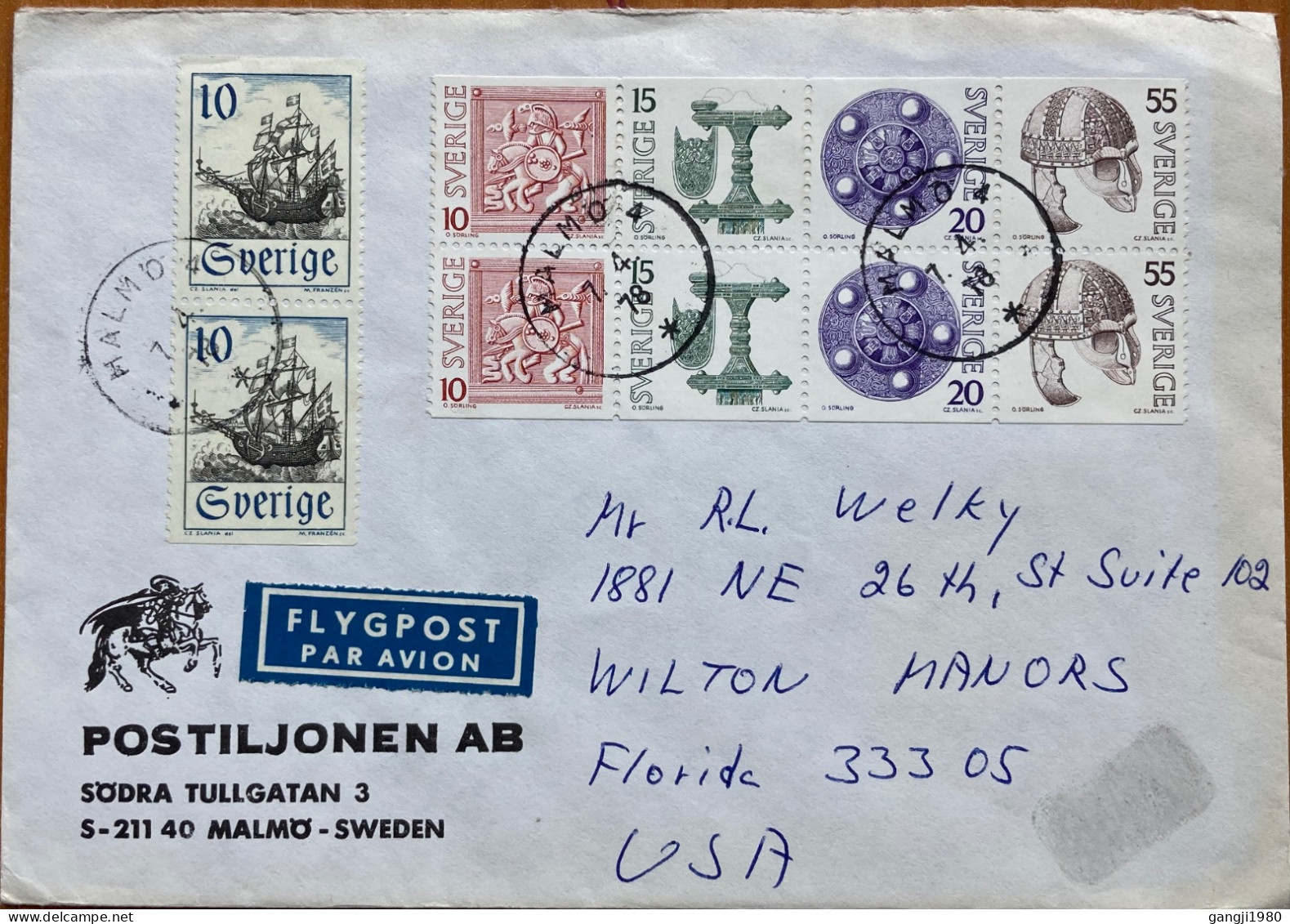 SWEDEN 1978, ILLUSTRATE COVER, USED TO USA, ARCHAEOLOGICAL DISCOVERY, BOOKLET PANE, MULTI 10 STAMP, HELMET, SHIELD, SHIP - Cartas & Documentos