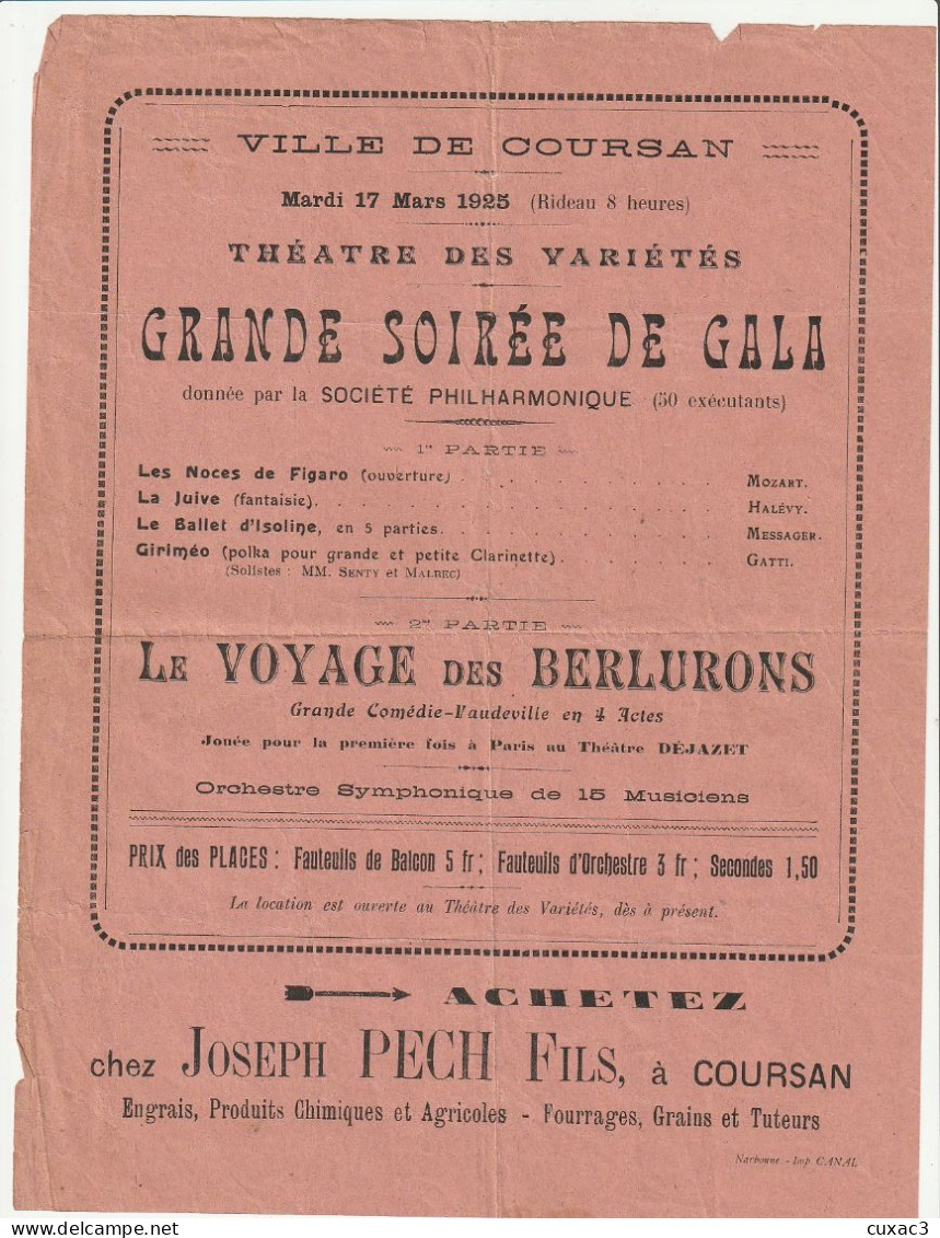 Ville De COURSAN Mardi 17 Mars 1925 Théatre Des Variétés , Grande Soirée De Gala - Programmes