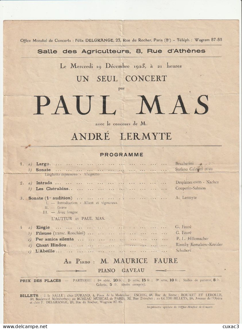 Ville De PARIS , Salle Des Agriculteurs 8 Rue D'athène , Un Seul Concert Par PAUL MAS 9 Décembre 1923 - Programmes