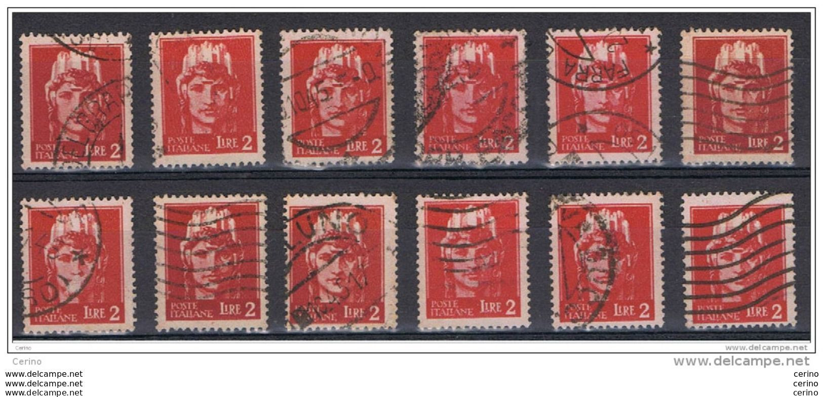 LUOGOTENENZA.:  1945  EMISSIONE  DI  ROMA  -  £. 2  CARMINIO  US. -  FIL. R. I° -  RIPETUTO  12  VOLTE  -  SASS. 533 - Usados