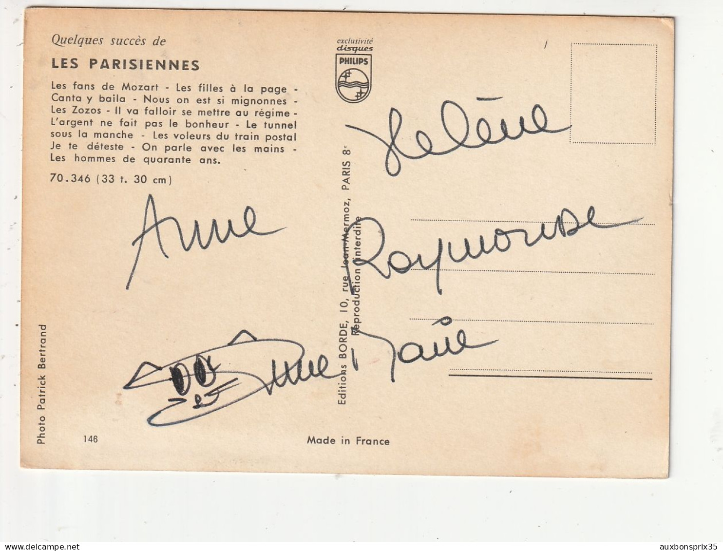 LES PARISIENNES - PHOTO PATRICK BERTRAND - AUTOGRAPHES - Chanteurs & Musiciens