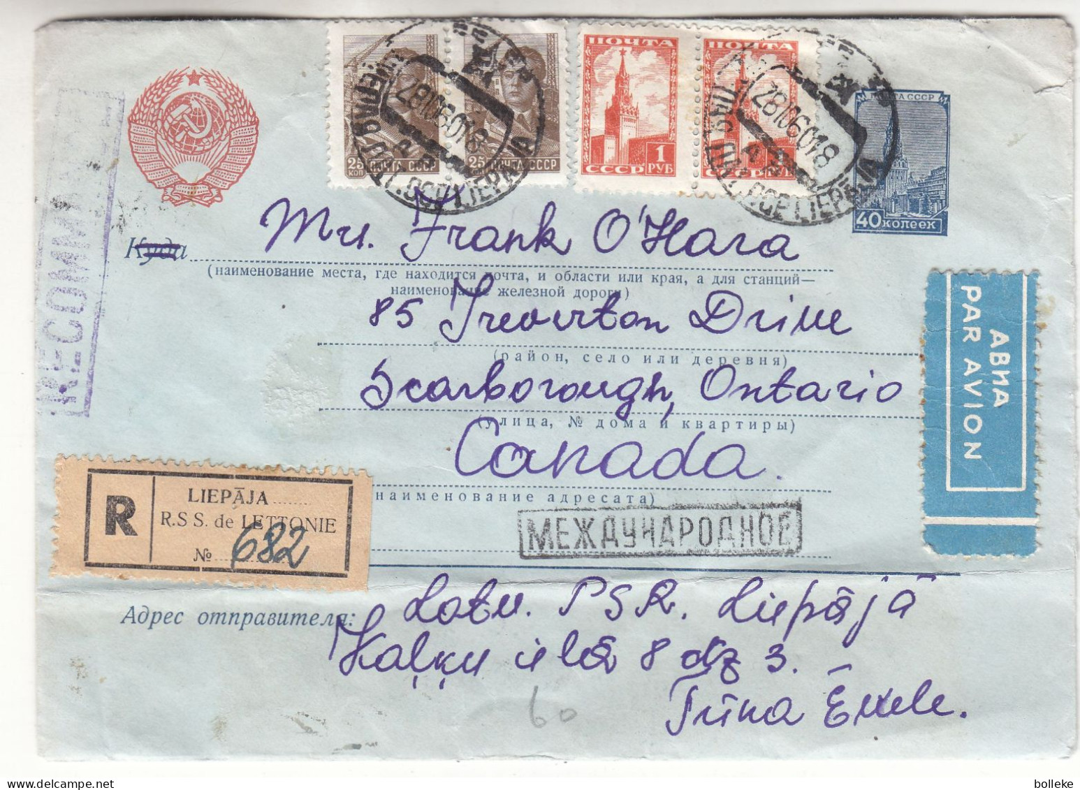 Russie - Lettonie - Lettre Recom De 1960 - Entier Postal - Oblit Liepaja - Exp Vers Montreal - Cachet De Toronto - - Covers & Documents